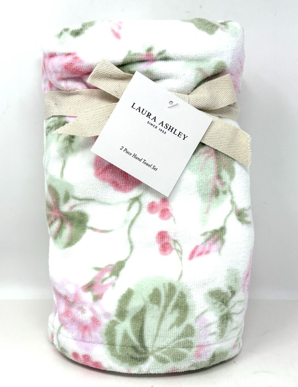 Laura Ashley Hand Towels Set Floral Morning Gloria 2 Pcs Pink Green White NWT